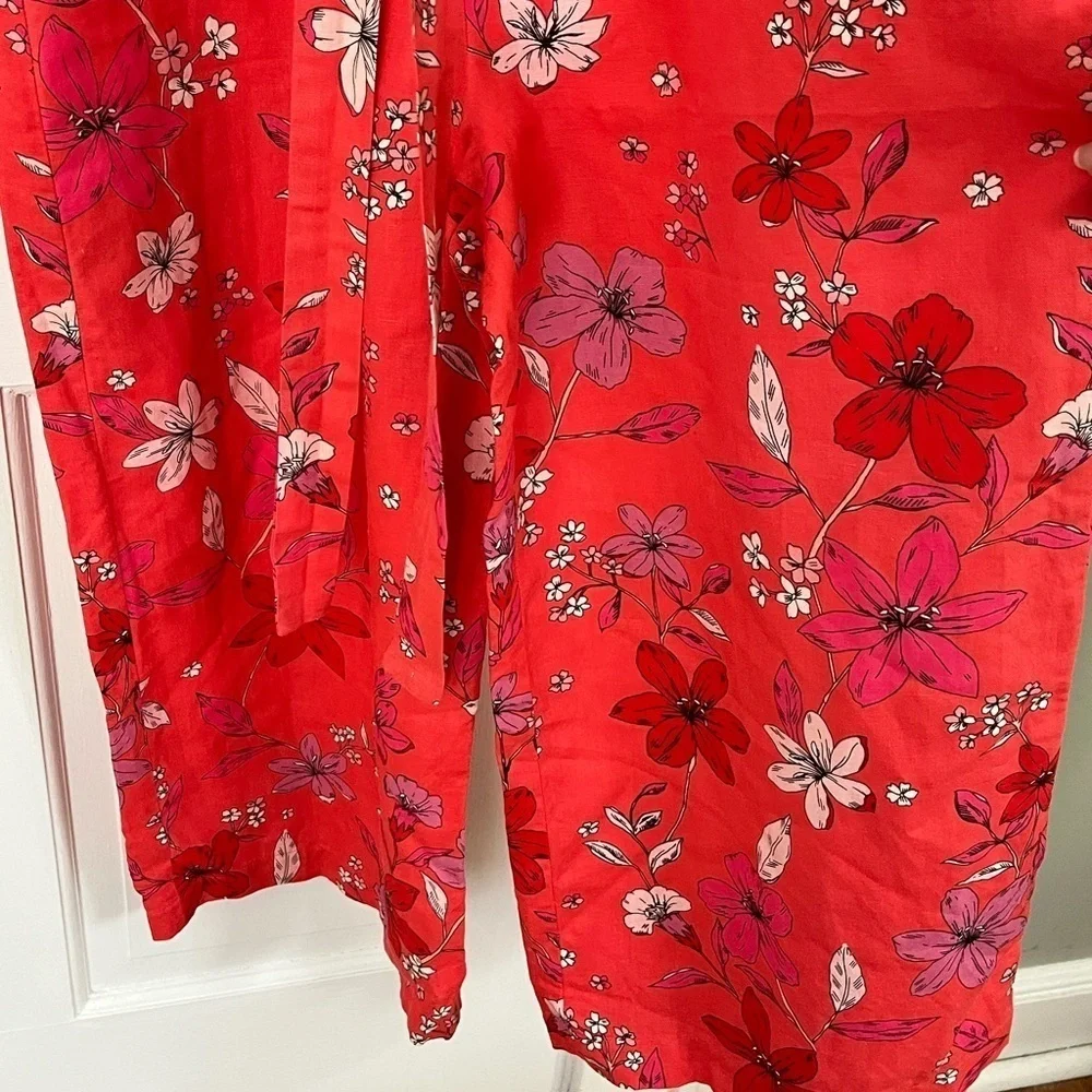 Banana Republic Cropped Linen Cotton Wide Leg Cropped Jumpsuit Red Floral Size 2